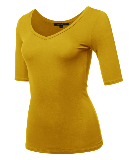 Women's Casual Comfortable Soft Stretch Solid 3/4 sleeve V-Neck Top