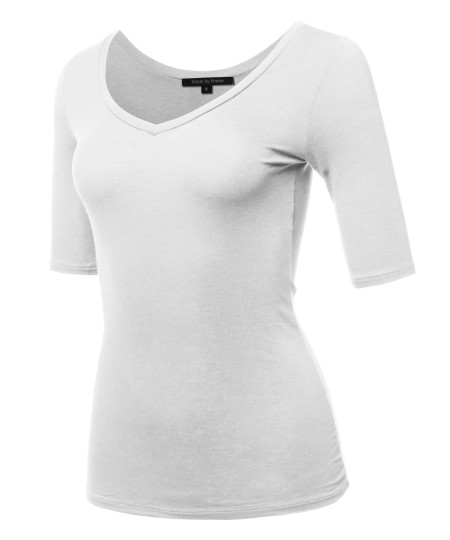 Women's Casual Comfortable Soft Stretch Solid 3/4 sleeve V-Neck Top