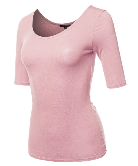 Women's Casual Comfortable Soft Stretch Solid 3/4 sleeve Scoop Neck Top