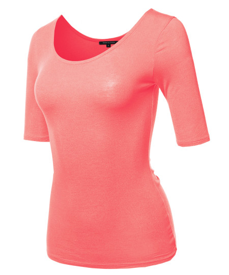 Women's Casual Comfortable Soft Stretch Solid 3/4 sleeve Scoop Neck Top