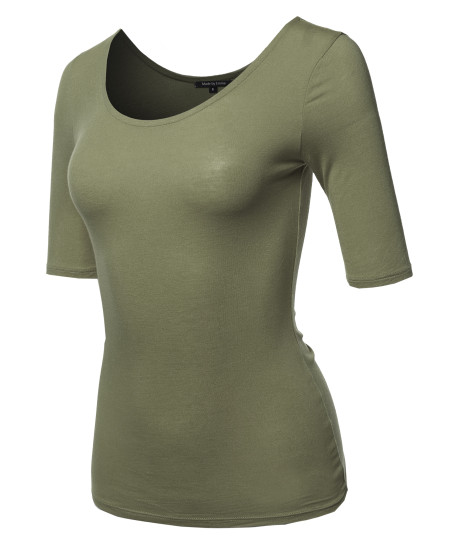 Women's Casual Comfortable Soft Stretch Solid 3/4 sleeve Scoop Neck Top