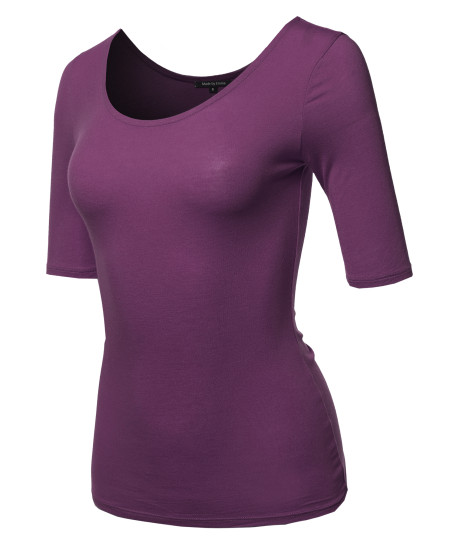 Women's Casual Comfortable Soft Stretch Solid 3/4 sleeve Scoop Neck Top