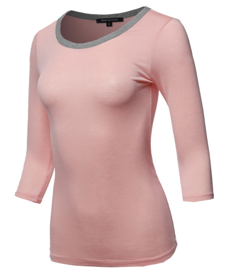 Women's Casual Comfortable Soft Stretch Contrast Binding 3/4 sleeve Crew Neck Top