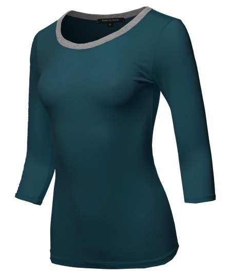 Women's Casual Comfortable Soft Stretch Contrast Binding 3/4 sleeve Crew Neck Top