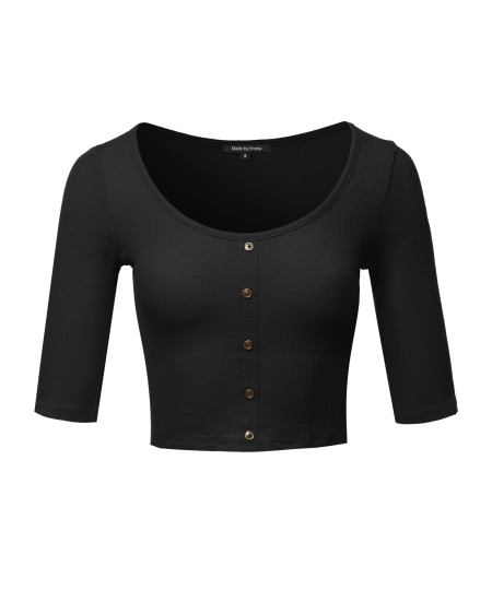 Women's Casual Ribbed 3/4 Sleeve Crop Button Top