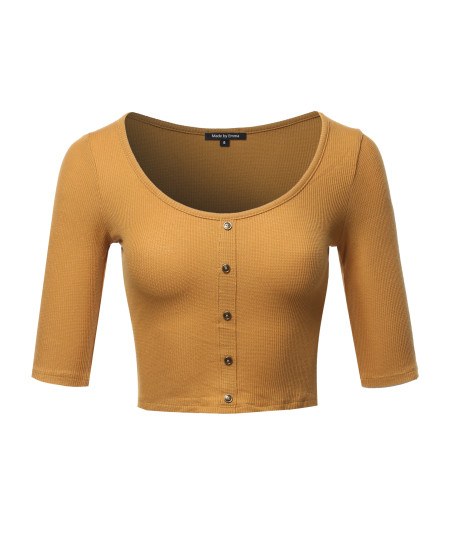 Women's Casual Ribbed 3/4 Sleeve Crop Button Top