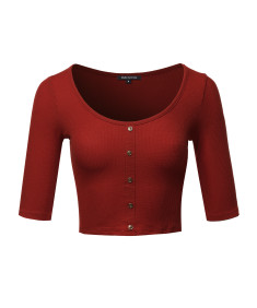 Women's Casual Ribbed 3/4 Sleeve Crop Button Top