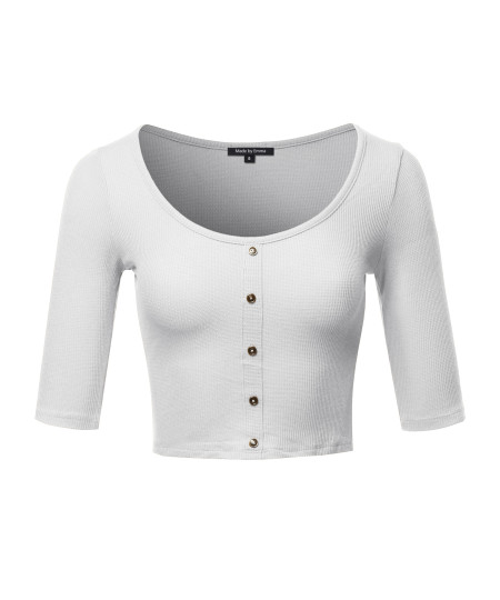 Women's Casual Ribbed 3/4 Sleeve Crop Button Top