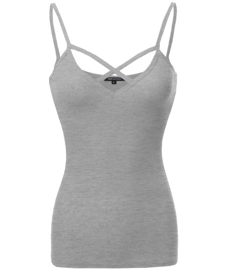 Women's Caged Front Spaghetti Strap Soft Stretchy Ribbed Knit Tank Top