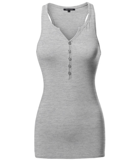 Women's Basic Solid Y-neckline Button Details Racer-back Tank Top