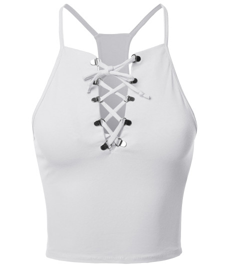 Women's Eyelet Lace Up Racer-Back Adjustable Strap Cami Tank Top