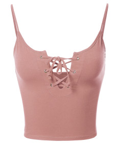Women's Cute Eyelet Lace Up Cami Top with Adjustable Straps