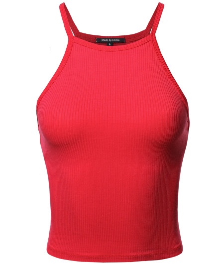 Women's Basic Sleeveless Spaghetti Strap Ribbed Cropped Tank Top