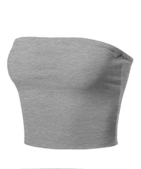 Women's Fitted Solid Cotton Based Strapless Double Layered Crop Tube Top