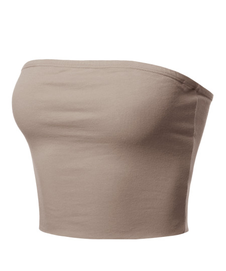 Women's Fitted Solid Cotton Based Strapless Double Layered Crop Tube Top