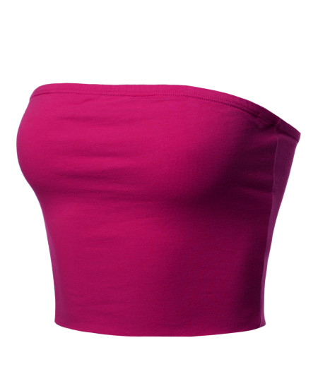 Women's Fitted Solid Cotton Based Strapless Double Layered Crop Tube Top