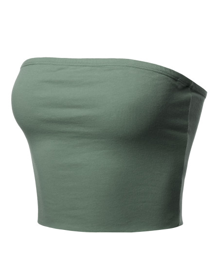 Women's Fitted Solid Cotton Based Strapless Double Layered Crop Tube Top