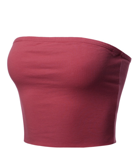 Women's Fitted Solid Cotton Based Strapless Double Layered Crop Tube Top