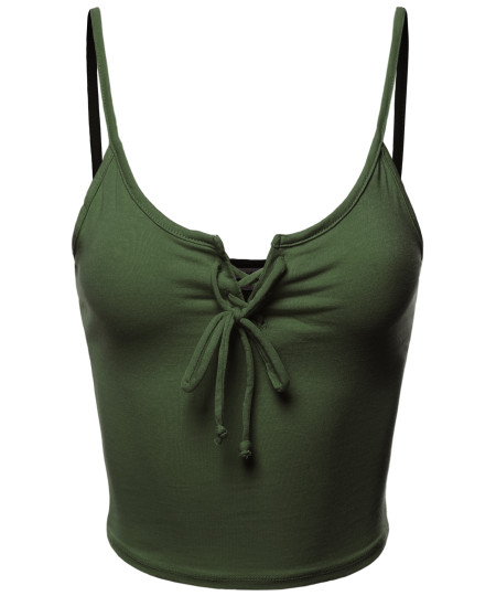 Women's Solid Sexy Cute Eyelet Lace Up Crop Cami Tank Top 