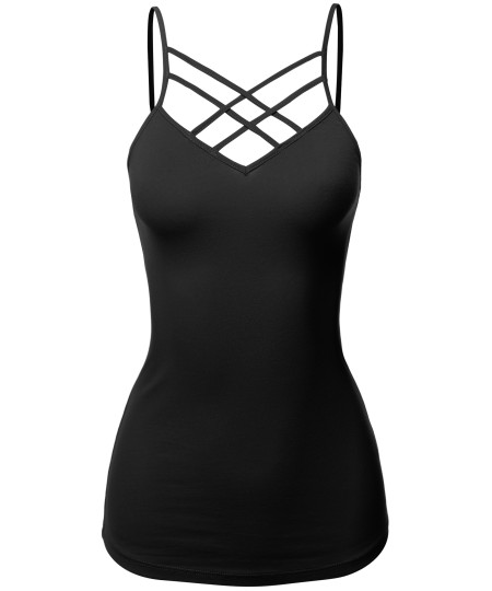 Women's Casual Sexy Sleeveless V-Neck with Double Cross Strap Cami Top