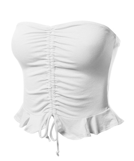 Women's Causal Cute Sexy Solid Ruffle Front Drawstring Tube Ruching Crop Top