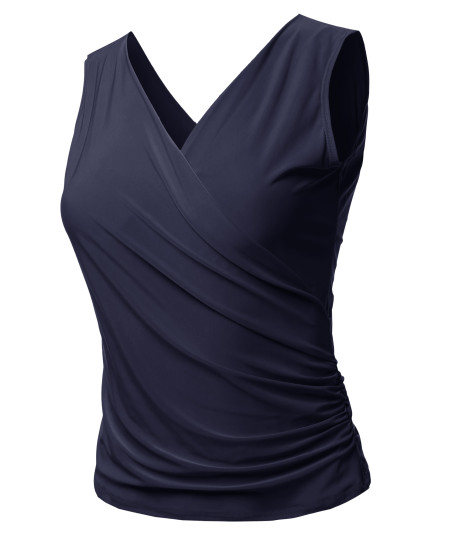 Women's Casual V Neck Cross Front Sexy Ruched Tank Top