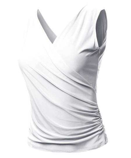 Women's Casual V Neck Cross Front Sexy Ruched Tank Top