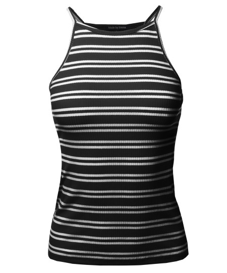 Women's Basic Stripe Cotton Based High Neck Racer-Back Ribbed Tank Top