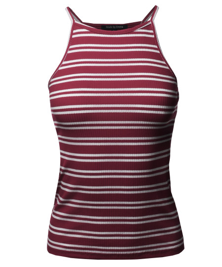 Women's Basic Stripe Cotton Based High Neck Racer-Back Ribbed Tank Top