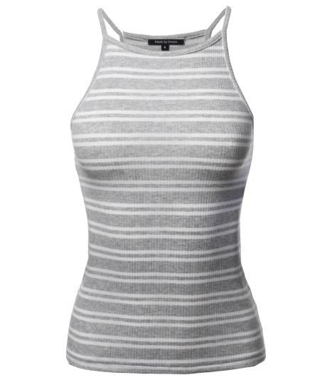 Women's Basic Stripe Cotton Based High Neck Racer-Back Ribbed Tank Top