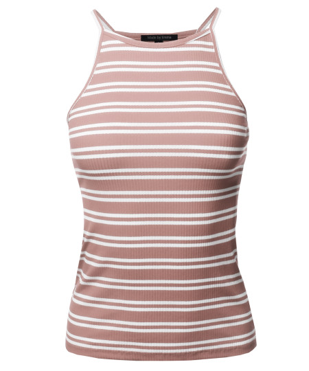 Women's Basic Stripe Cotton Based High Neck Racer-Back Ribbed Tank Top