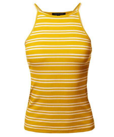 Women's Basic Stripe Cotton Based High Neck Racer-Back Ribbed Tank Top