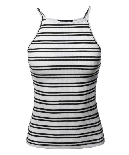 Women's Basic Stripe Cotton Based High Neck Racer-Back Ribbed Tank Top