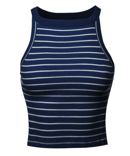 Women's Stripe Sleeveless High Neck Ribbed Crop Tank Top