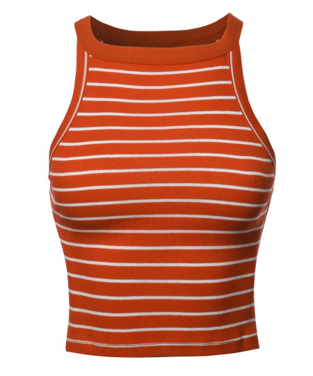 Women's Stripe Sleeveless High Neck Ribbed Crop Tank Top