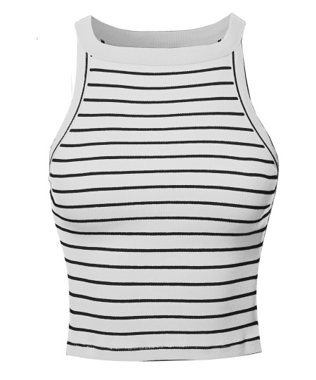 Women's Stripe Sleeveless High Neck Ribbed Crop Tank Top