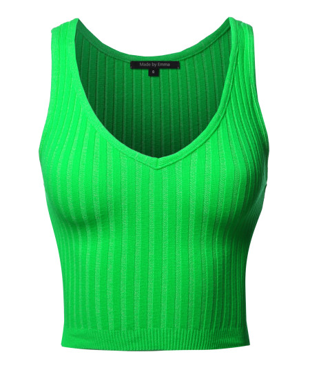 Women's Solid Sleeveless V Neck Ribbed Crop Tank Top