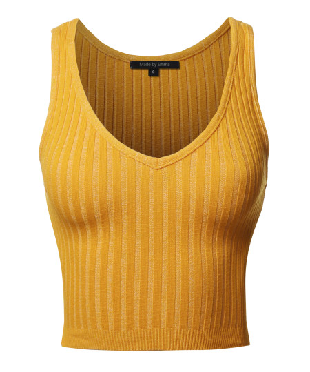 Women's Solid Sleeveless V Neck Ribbed Crop Tank Top