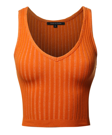 Women's Solid Sleeveless V Neck Ribbed Crop Tank Top