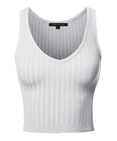 Women's Solid Sleeveless V Neck Ribbed Crop Tank Top