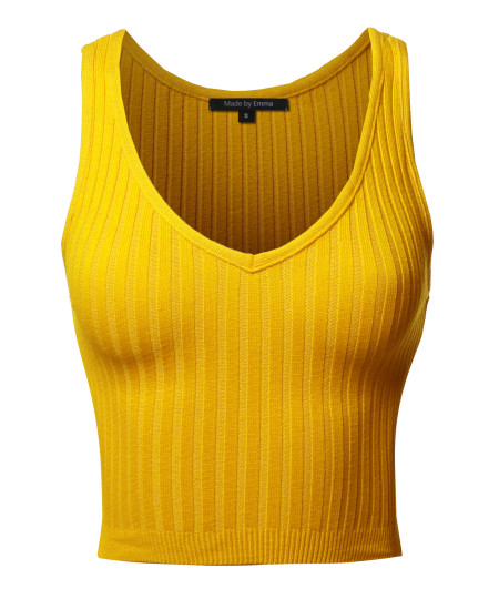 Women's Solid Sleeveless V Neck Ribbed Crop Tank Top