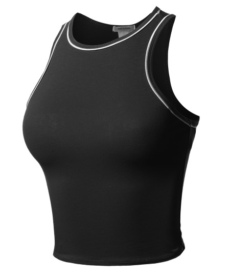 Women's Casual Contrast Binding Solid Sleeveless Crop Tank Top