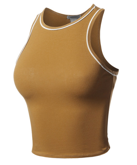 Women's Casual Contrast Binding Solid Sleeveless Crop Tank Top