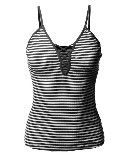 Women's Stripe V Neck Lace Up Criss Cross Casual Cami Tank Top