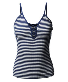 Women's Stripe V Neck Lace Up Criss Cross Casual Cami Tank Top