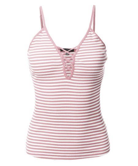 Women's Stripe V Neck Lace Up Criss Cross Casual Cami Tank Top