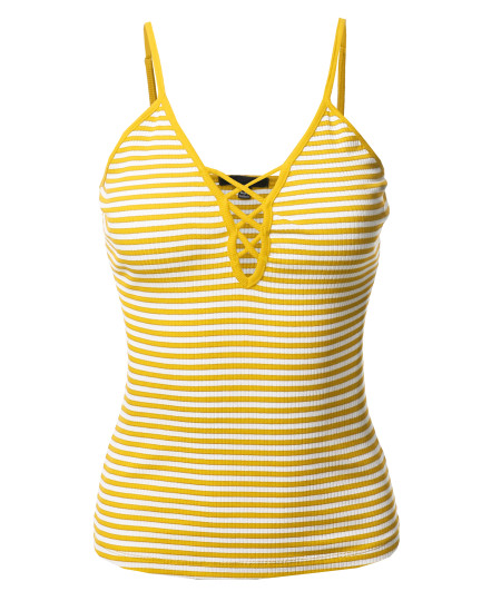 Women's Stripe V Neck Lace Up Criss Cross Casual Cami Tank Top