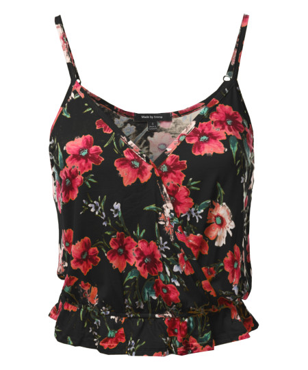 Women's Causal Cute Floral Surplice Ruffled Hem Cami Top