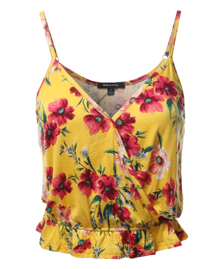 Women's Causal Cute Floral Surplice Ruffled Hem Cami Top