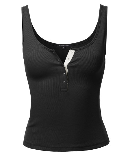 Women's Sold Round Neck Button Front Tank Top